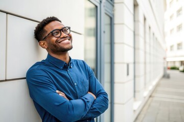 Portrait of a Happy Young Man in Casual Attire Smiling Against a Modern Urban Background
