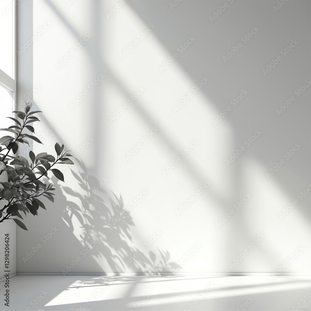 Aufkleber minimalistic light background with plant shadows on white wall, floor. clean, empty studio room for 