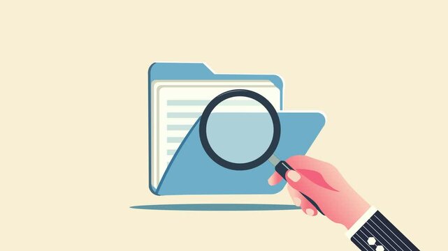 Hand holding a magnifying glass over a digital folder icon, Search file and data analysis. inspection, documents investigation, A flat design animation