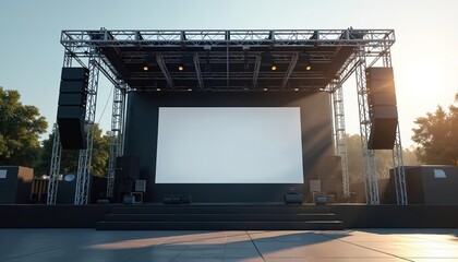 Outdoor concert stage setup with modern rigging, beam lights, sound system. Large blank white screen backdrop. Perfect venue for rock show, music festival, corporate event. Metal construction for pro
