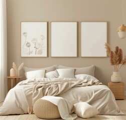 Fototapeta premium Beige bedroom interior with three framed floral prints above the bed. a bedside table with a lamp and a vase with dried plants. a wicker pouf and a woven rug on the floor