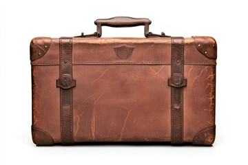 Vintage leather suitcase resting on a white background showcasing worn textures and craftsmanship details