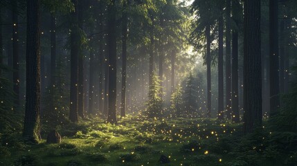 Enchanting forest with glow of fireflies amidst lush greenery