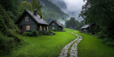 Fototapeta premium Serene Mountain Retreat: Three charming wooden cabins nestled amidst lush greenery and misty mountains, a picturesque path winding through the scene.