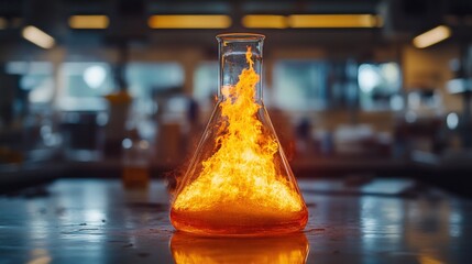 Fiery chemical reaction in Erlenmeyer flask; intense orange flames filling a glass beaker in a science lab setting.
