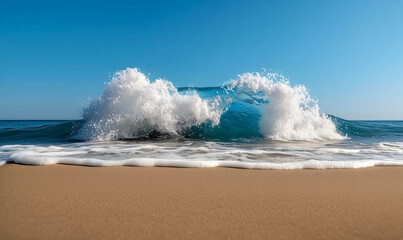 Fototapeta premium The Majestic Wave: Capturing the raw power and beauty of the ocean, this stunning image showcases a magnificent wave crashing onto a sandy shore under a clear, cloudless sky.