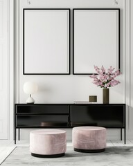Modern interior design with two pink velvet ottomans. a black console table with a lamp and a vase of flowers. and two empty frames