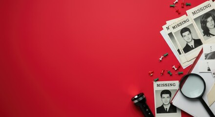 Missing person flyers, magnifying glass, and push pins on red background