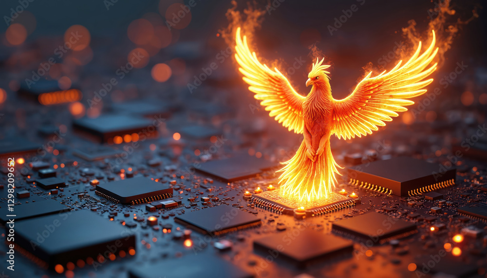 Poster digital phoenix rising over computer circuit boards symbolizes tech rebirth. fiery bird with glowing