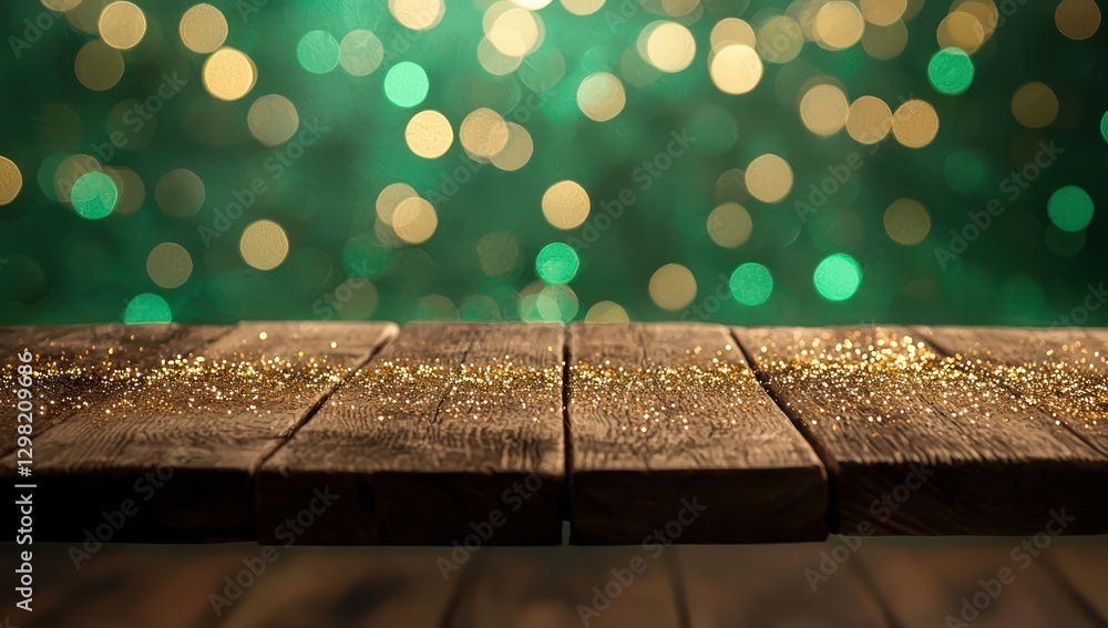 Poster wooden table setting with blurred green and gold background for product display.