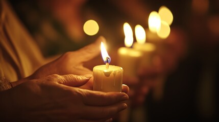 Candlelight vigil with hands holding glowing candles in calm atmosphere
