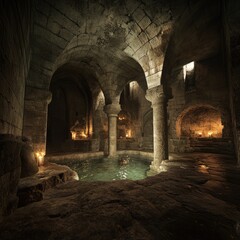 An ancient underground bathhouse with carved stone, eerie torchlight, and a central glowing pool.