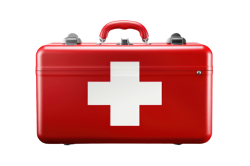 A striking red medical kit on transparent background