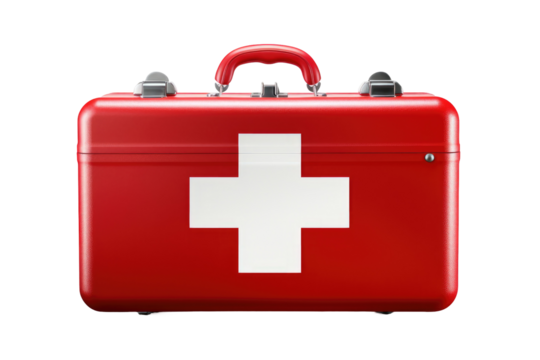 A striking red medical kit on transparent background