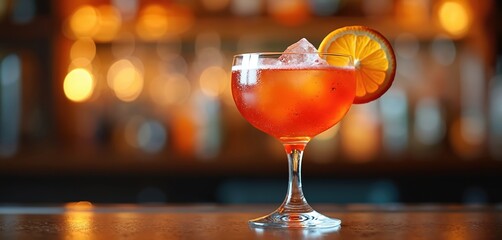 Elegant alcoholic cocktail drink with ice and orange slice on bar counter. Refreshing summer beverage in wineglass with bokeh background. Fancy restaurant service, catering at nightclub event.