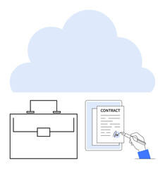 Cloud graphic above a briefcase, signed contract document, and pen hand. Ideal for digital storage, cloud security, e-signatures, file management, legal agreements, remote work abstract line flat
