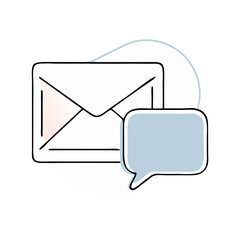 Email icon pairs with speech bubble in pastel colors. Minimalist design suggests friendly communication flow. Concept: Digital messaging, Email marketing, Social connection