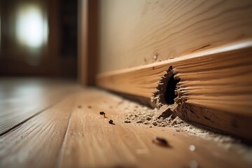 Mouse hole in a wooden baseboard with chewed edges, highlighting rodent infestation issues.

