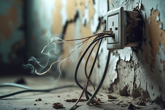 Power outlet with exposed wires and sparks flying, representing electrical hazards and potential fire risks.