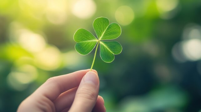 Four leaf clover held in hand during warm sunlight in nature