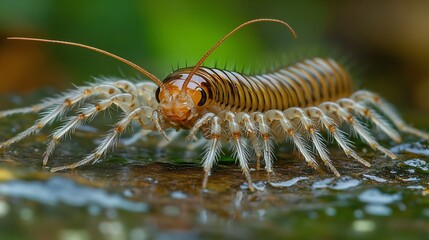 Lightning fast House Centipede skittering across a damp surface its long wispy legs moving in a wave like motion sharp antennae twitching in search of prey