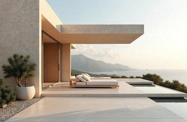 Minimalist terrace in luxury villa with chic decor, neutral tones. Modern home exterior with ocean view, trees in pot, wooden door, daybed with pillows, poolside. Exclusive residential real estate,