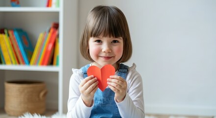Little girl holding red paper heart, smiling in cozy home setting