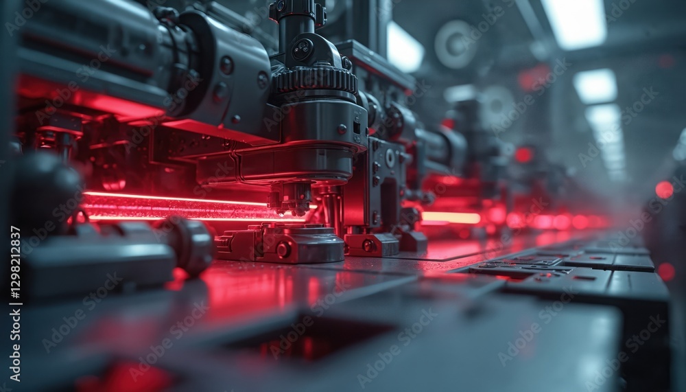 Poster close-up of industrial robotic arm with laser beam in factory production line. modern assembly, auto