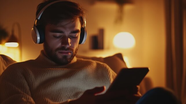 Young man relaxing on couch with headphones in cozy setting