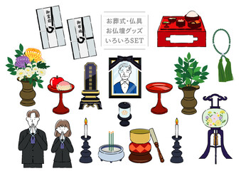 お葬式・仏具・お仏壇・セットイラスト