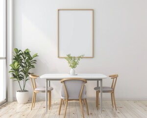Minimalist dining room interior with a large. framed picture hanging above a white table with four chairs