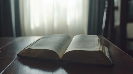 Open book resting on a wooden table near a window with soft light