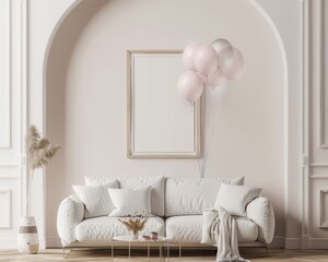 A white sofa with a throw blanket sits in a modern living room with a framed canvas and a bouquet of pink and white balloons floating above it