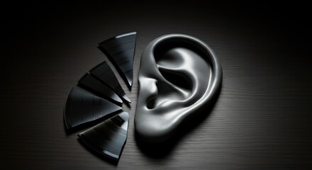 Artistic composition of ear and broken vinyl records symbolizing music listening