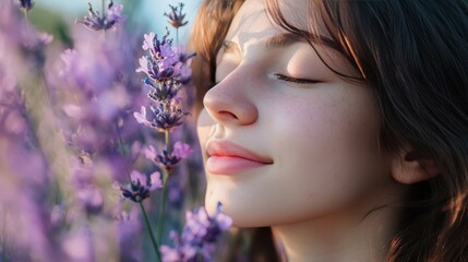 Naklejka premium Serene Young Woman Breathing in Lavender Blossoms in a Sunlit Field, Embracing Nature's Beauty and Aromas in a Peaceful Moment of Relaxation
