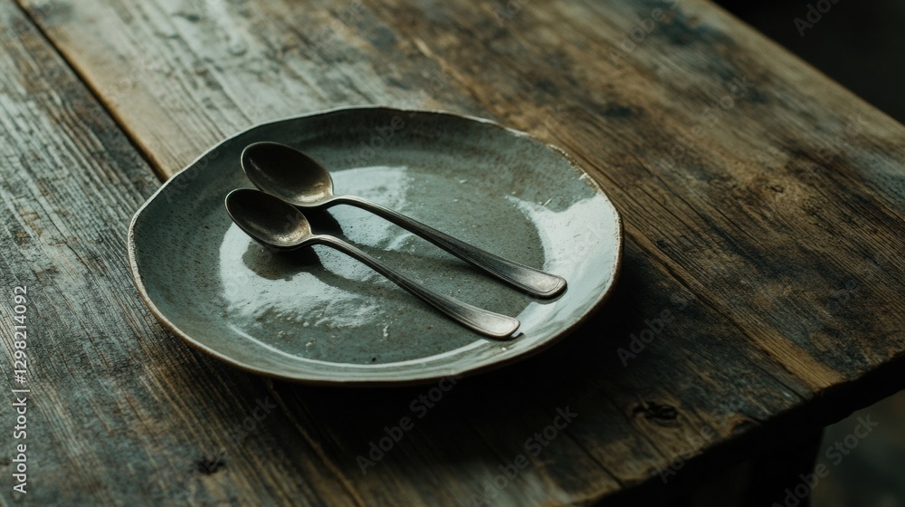 Aufkleber Unique ceramic plate with two silver spoons placed on rustic wooden table in warm lighting. Generative AI