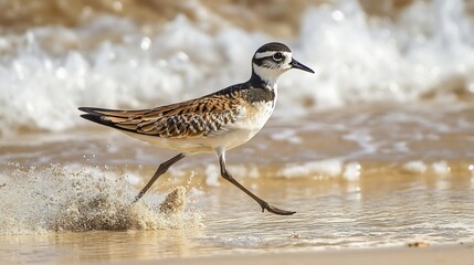 Lively Killdeer running along the sandy shore its bold black and white markings standing out against the golden beach waves gently lapping behind