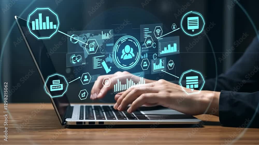 Poster a person uses a laptop displaying various digital graphics and icons for business analysis