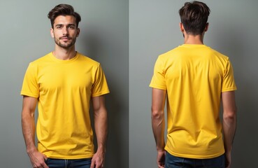 Male model posing studio in yellow t-shirt mockup front and back view. Apparel template for designers and creatives present casual clothing style and brand promotion opportunities.