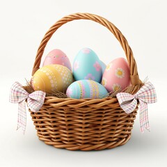 A charming wicker basket filled with beautifully decorated Easter eggs in pastel colors, perfect for spring festivities.