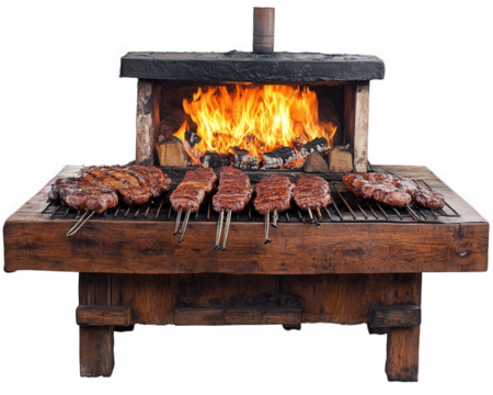 traditional Argentine barbecue grill with sizzling meat skewers and vibrant flames, showcasing art of asado cooking. rustic wooden structure adds to authentic experience