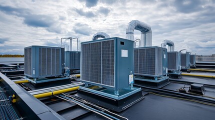 Commercial air conditioning and ventilation units installed on an industrial buildings roof