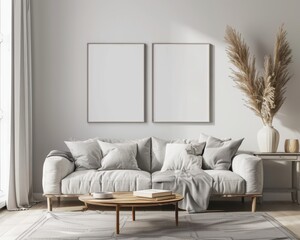Fototapeta premium A modern living room with a white couch. two blank frames. and a wooden coffee table