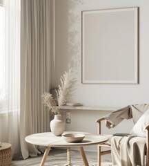 Fototapeta premium A minimalist living room with a beige armchair. a round coffee table. a vase with dried flowers. and a blank framed poster on the wall