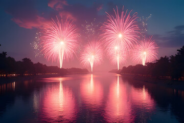 Spectacular fireworks festival over river evening celebration vibrant atmosphere magical experience