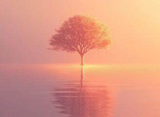 A minimalist tree with a mirrored reflection in still water under a serene gradient sky.