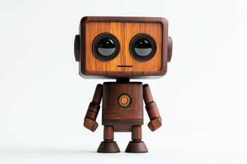 Fototapeta premium Wooden robot figure with glossy black eyes standing against a light background