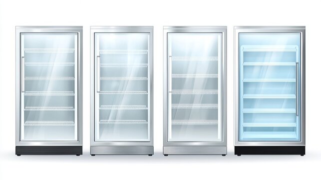 Commercial fridgesrealistic set of empty refrigerators Supermarket freezers for drinks and food Freeze appliances