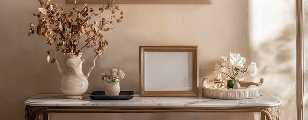 Elegant Home Decor Gold Frame, Dried Flowers, and White Vase on Marble Console Table
