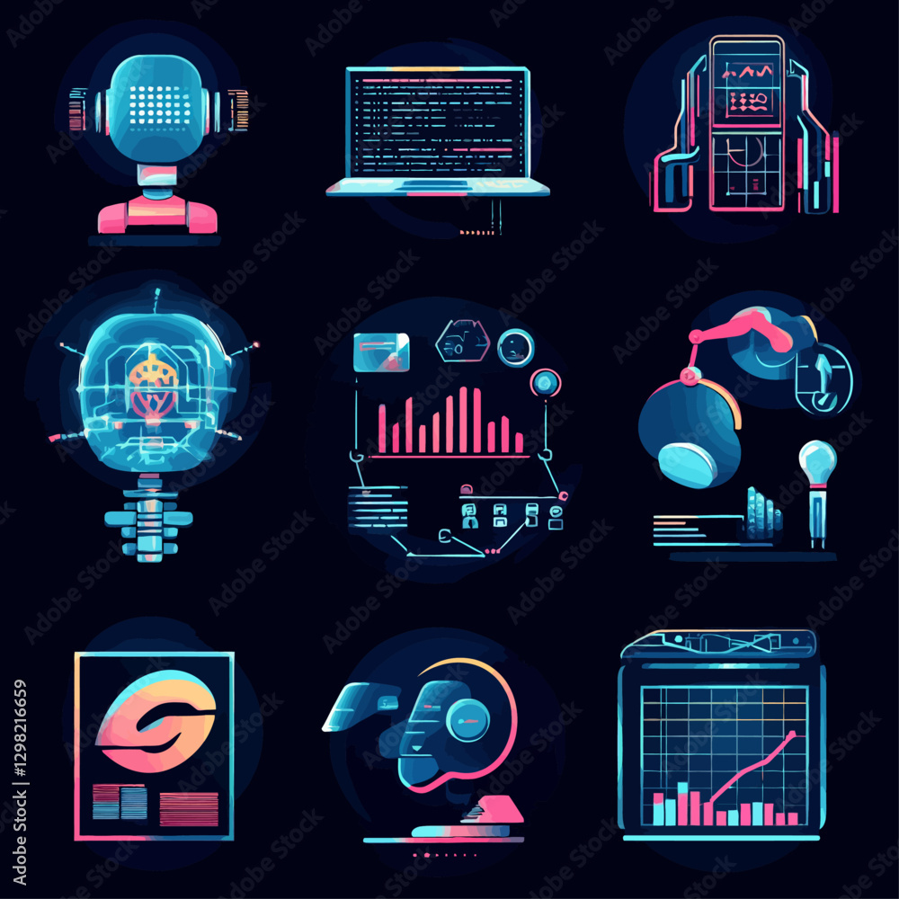 Poster neon digital data futuristic technology interface vector elements